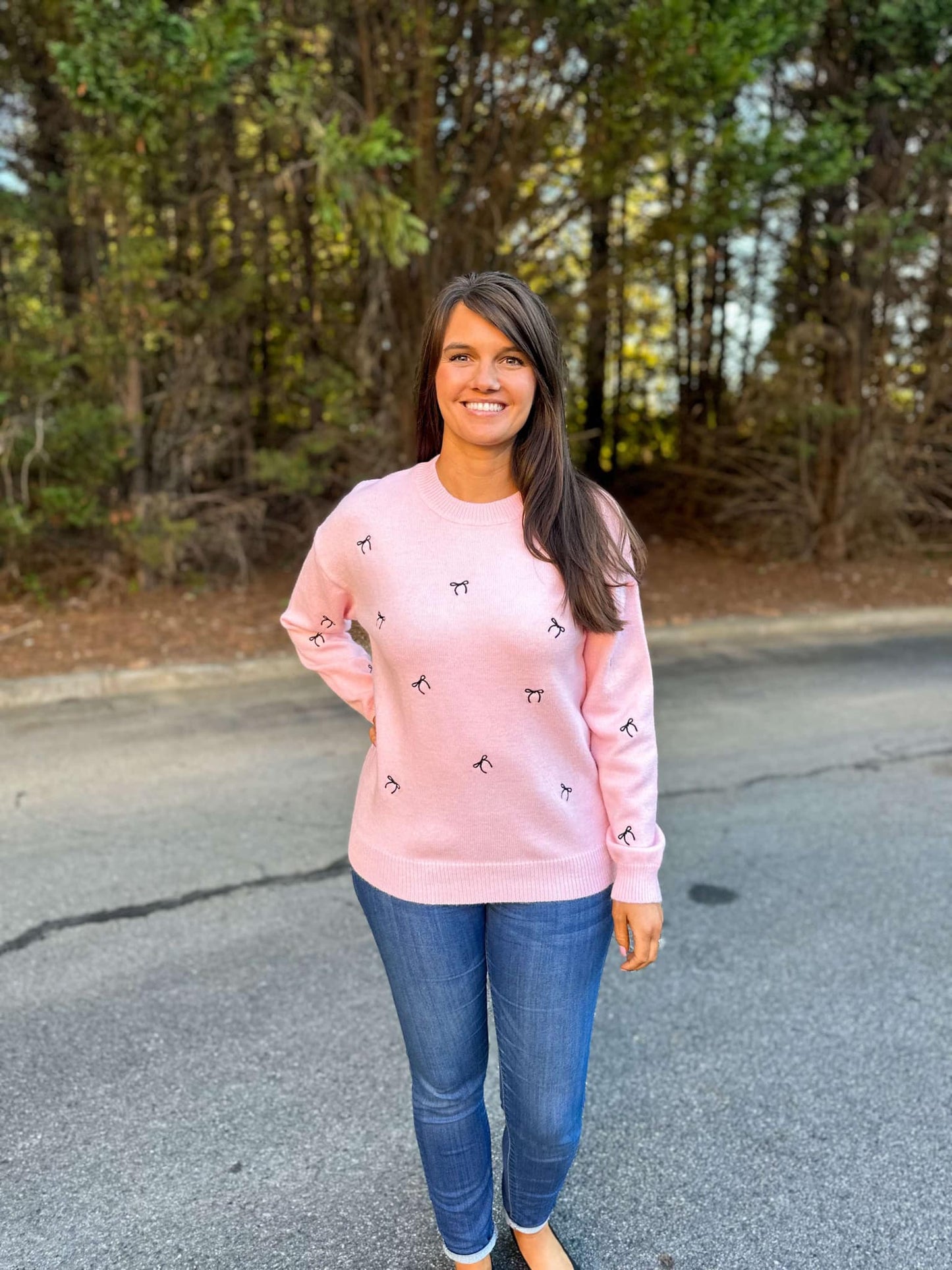 Tiny Bow Embroidered Sweater Top in Pink