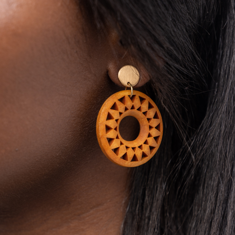 Wooden Carved Circle Earrings in Tan