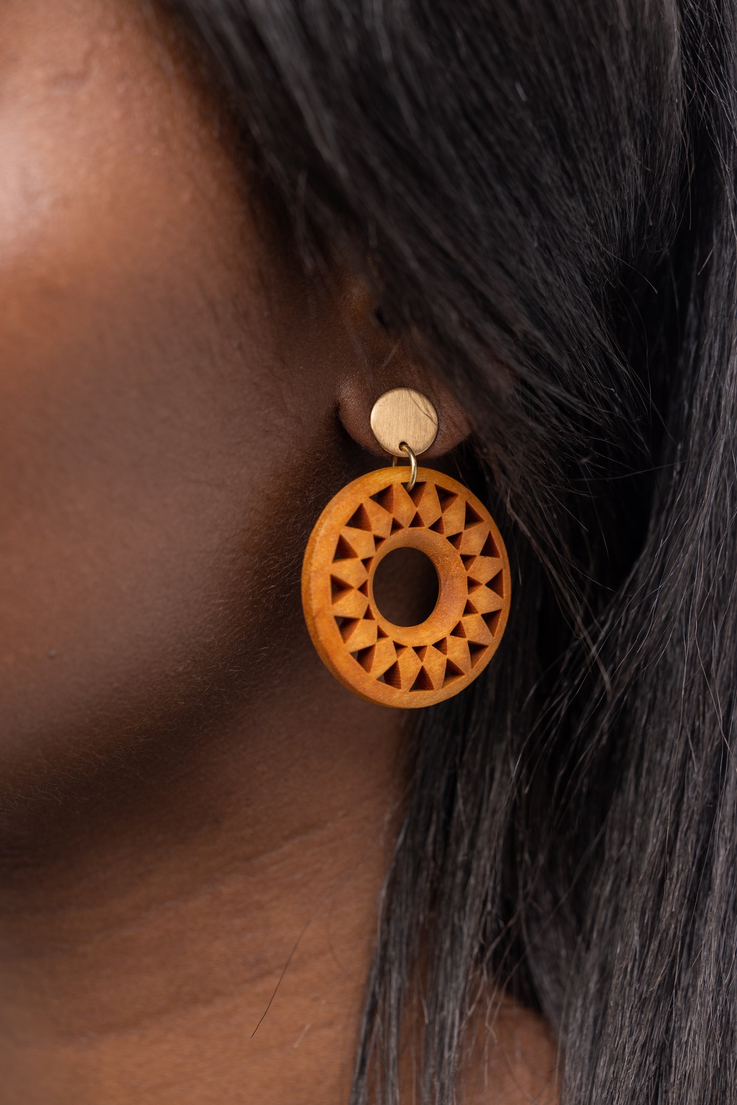 Wooden Carved Circle Earrings in Tan