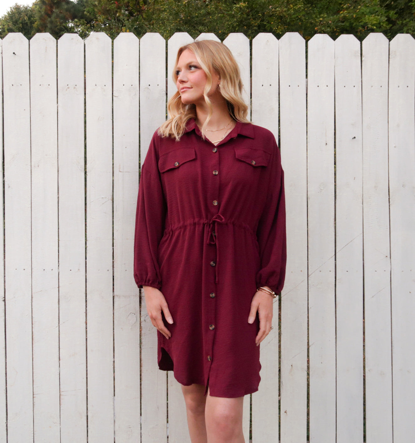 Drawstring Waist Shirt Midi Dress in Merlot