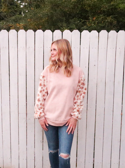 Animal Print Faux Fur Contrast Sleeve Pull Over Top in Dusty Pink
