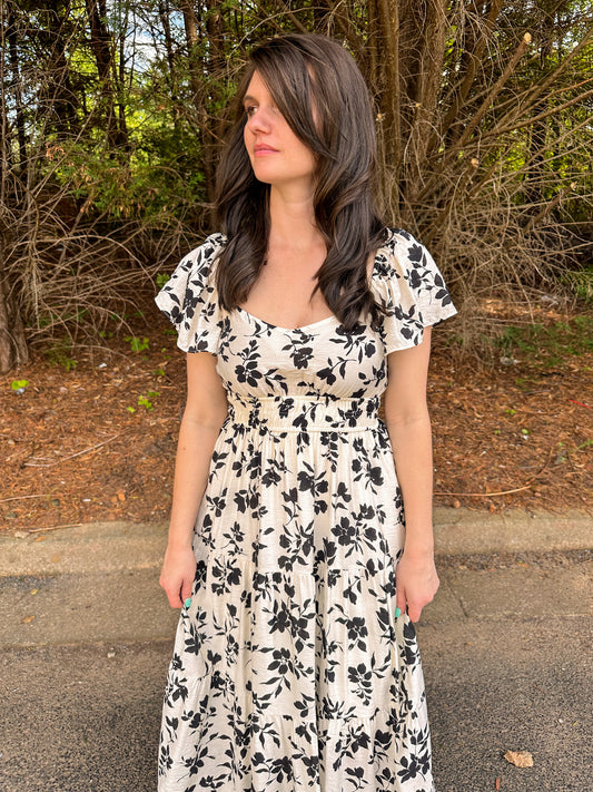 Floral Scoop Neck Tiered Midi Dress in Cream and Black