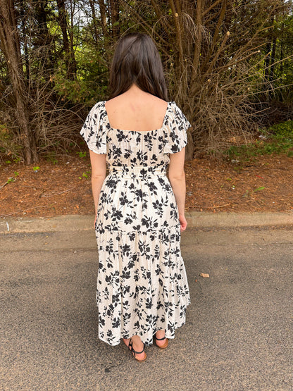 Floral Scoop Neck Tiered Midi Dress in Cream and Black