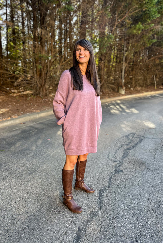 Long Balloon Sleeve Brush Knit French Terry Dress in Burgundy