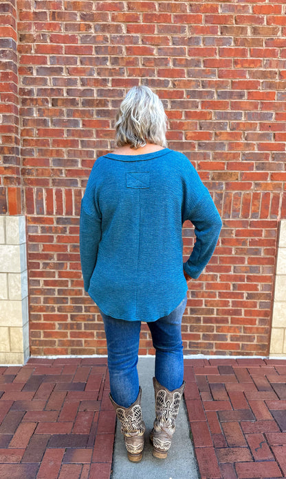 Waffle Knit Henley Long Sleeve Top in Dusty Teal