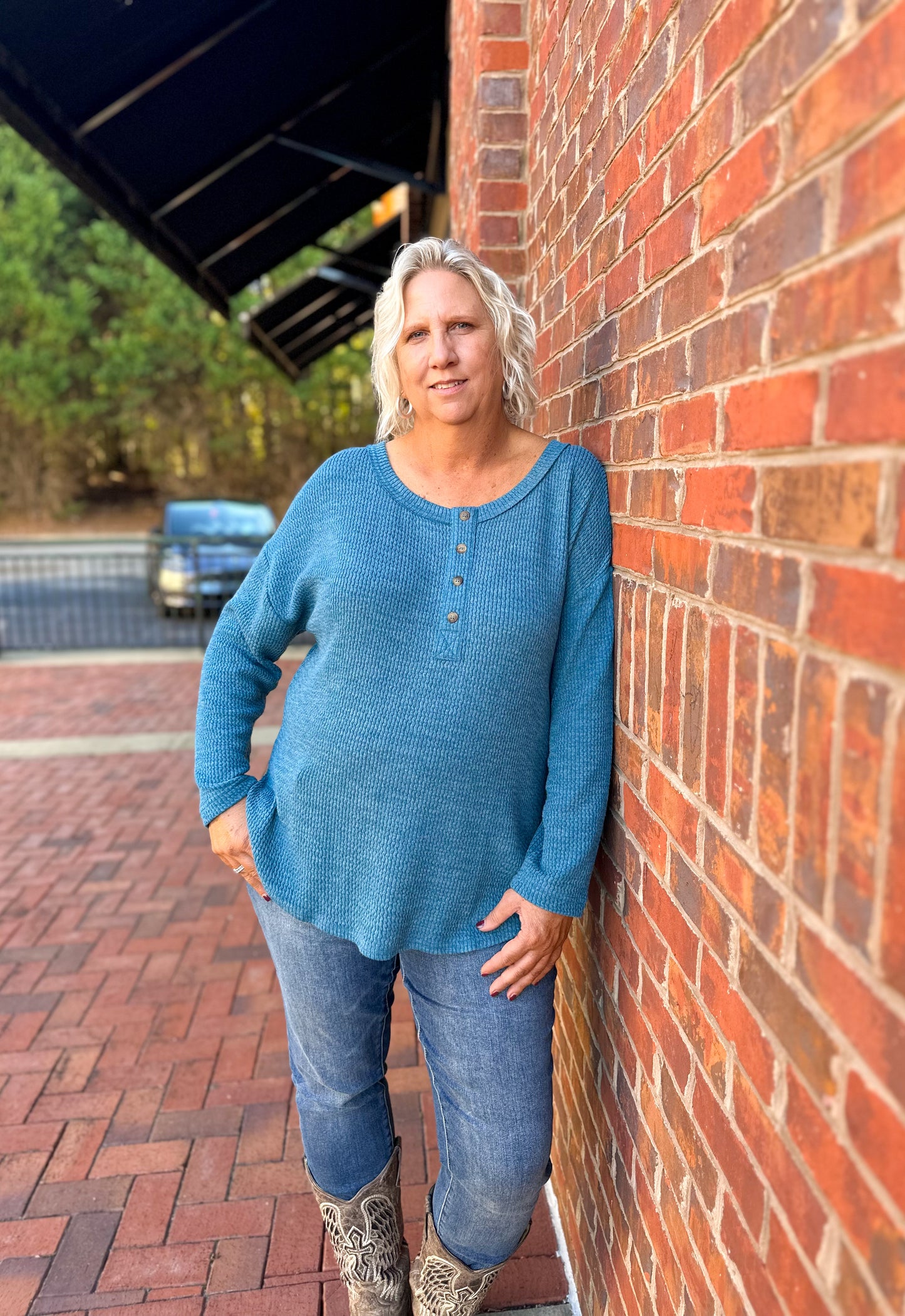 Waffle Knit Henley Long Sleeve Top in Dusty Teal