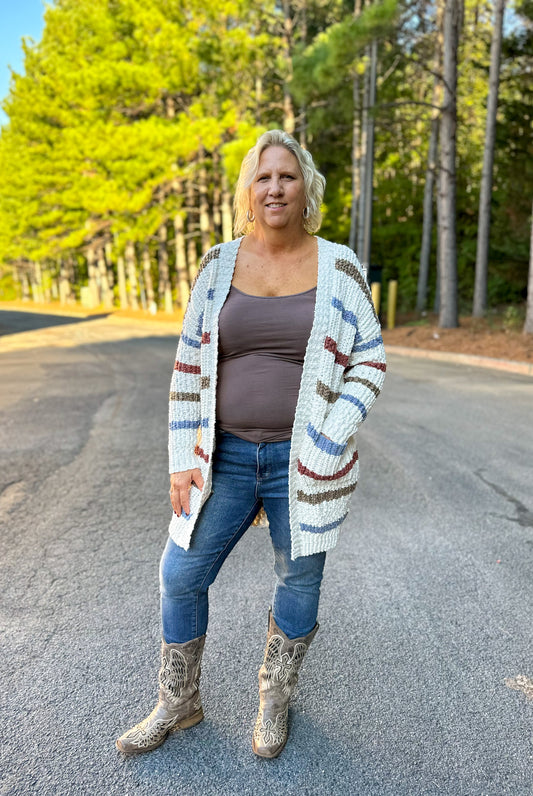 Striped Chunky Knit Sweater Cardigan in Ivory