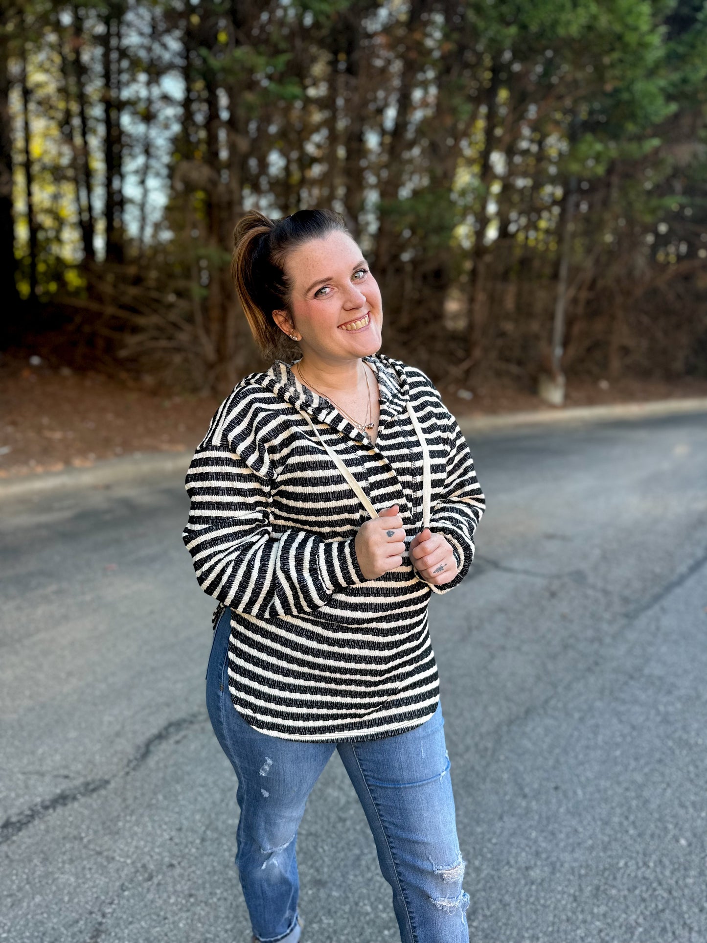 Long Sleeve Striped Hoodie in Black and Cream