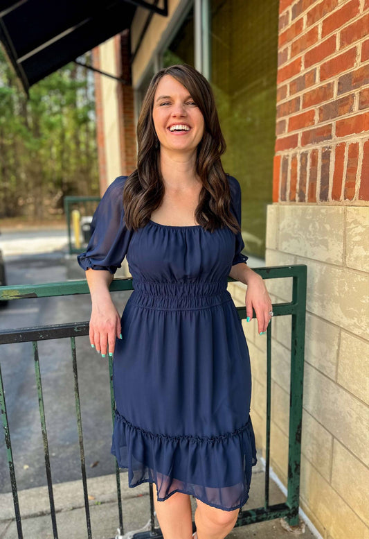 Chiffon Smocking Dress in Navy