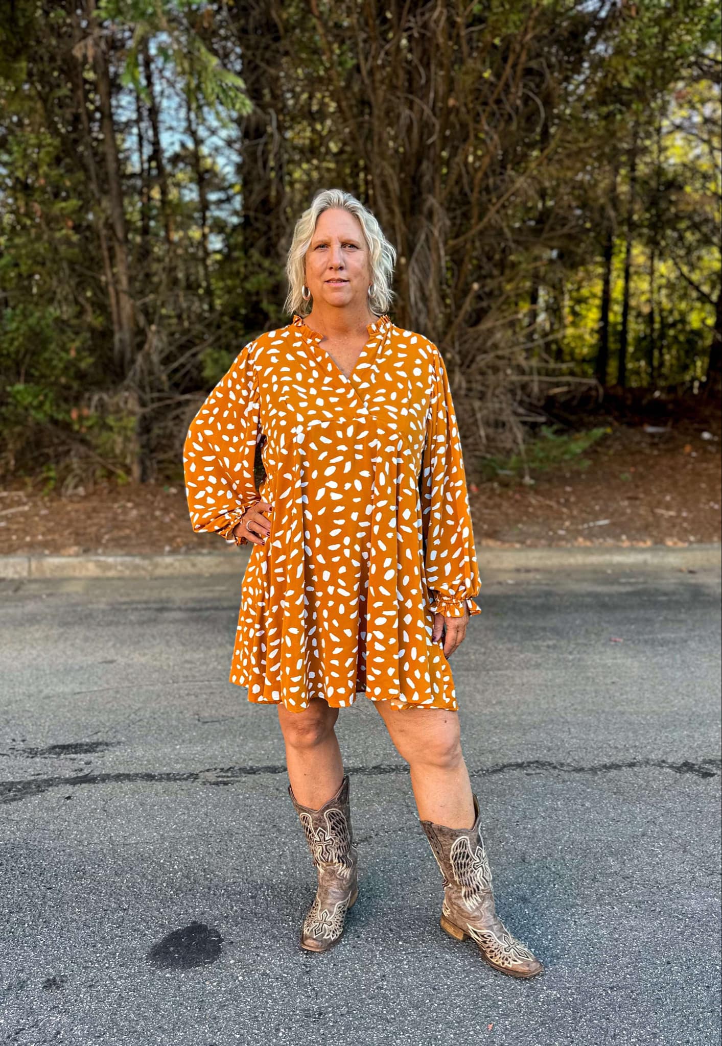 Animal Print Long Puff Sleeve Dress in Ochre Mix