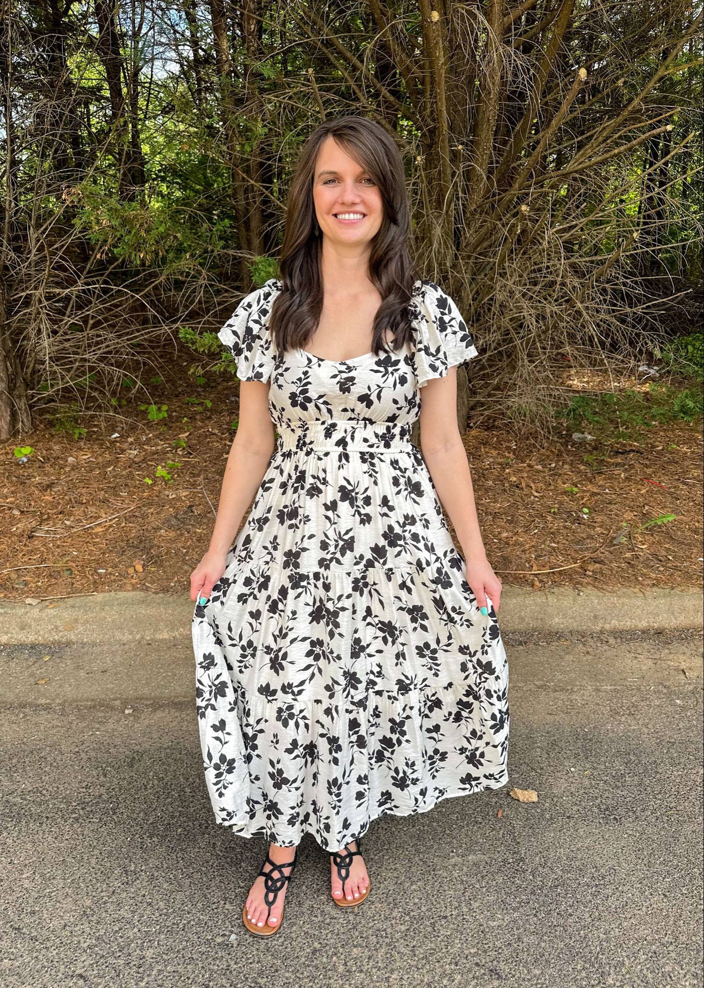 Floral Scoop Neck Tiered Midi Dress in Cream and Black Floral Scoop Neck Tiered Midi Dress in Cream and Black