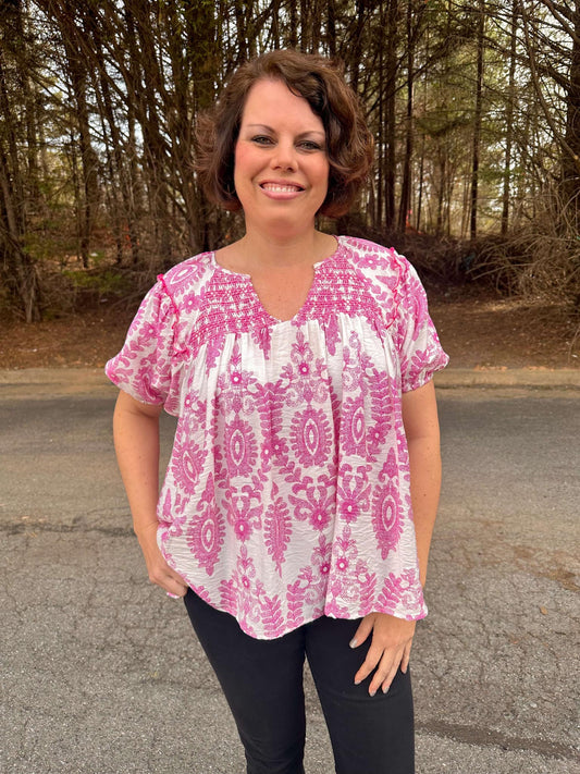 Smocked Short Sleeve Top in Pink