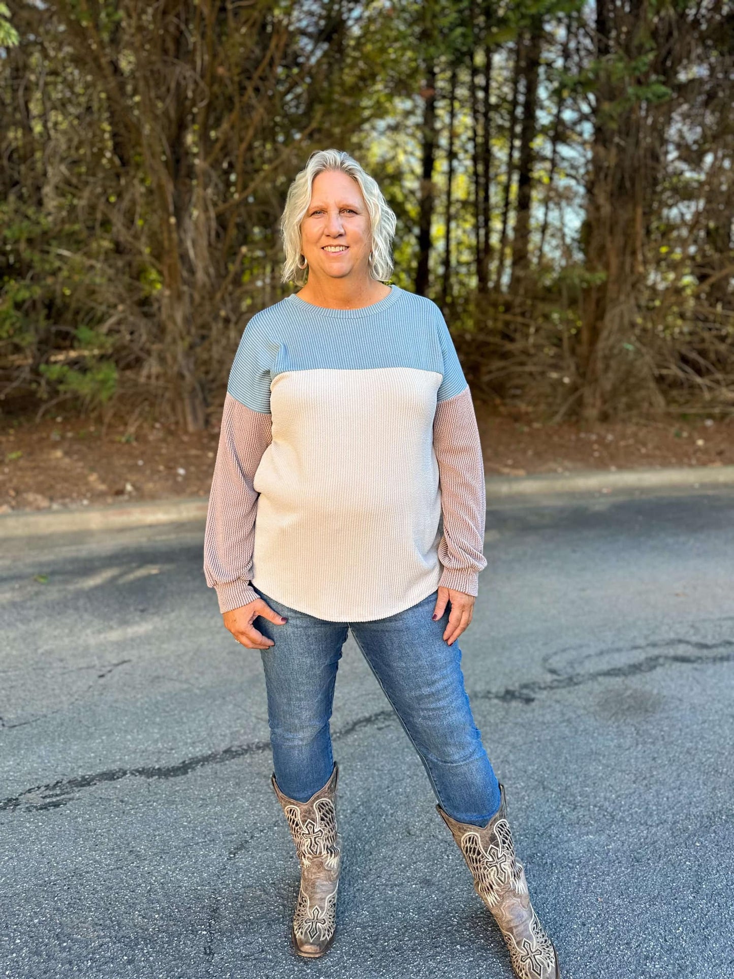 Color Block Top in Moss / Oatmeal / Mocha