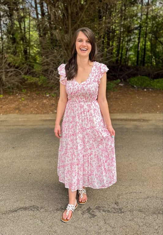 Floral Smocked Short Sleeve Midi Dress in Pink