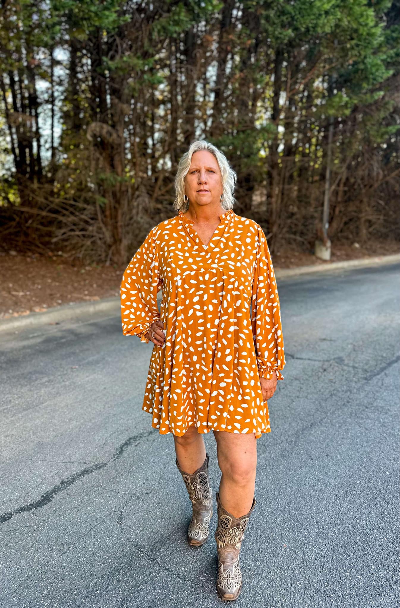 Animal Print Long Puff Sleeve Dress in Ochre Mix