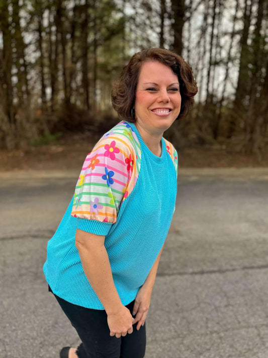 Floral Ribbed Top in Turquoise