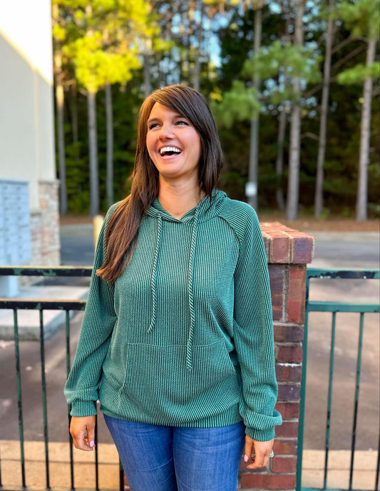 Long Puff Sleeve Ribbed Hoodie in Hunter Green