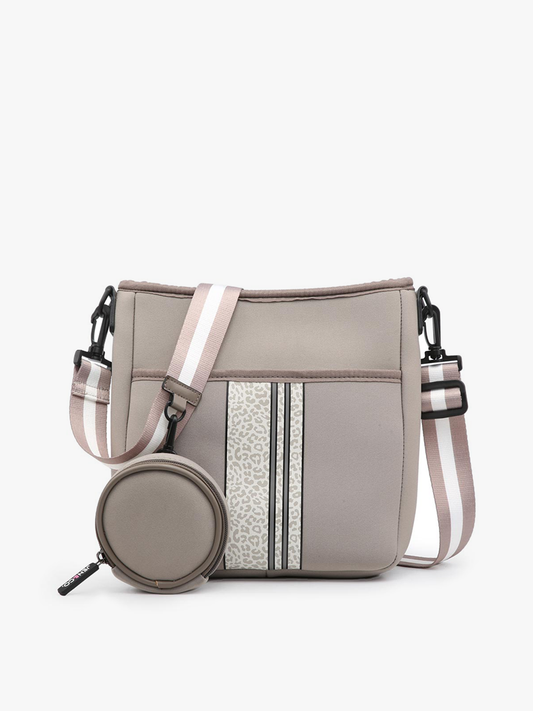Printed Striped Neoprene Crossbody With Guitar Strap in Cheetah Taupe