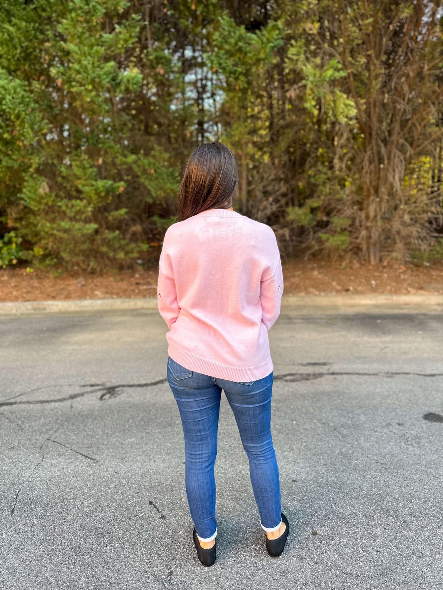 Tiny Bow Embroidered Sweater Top in Pink