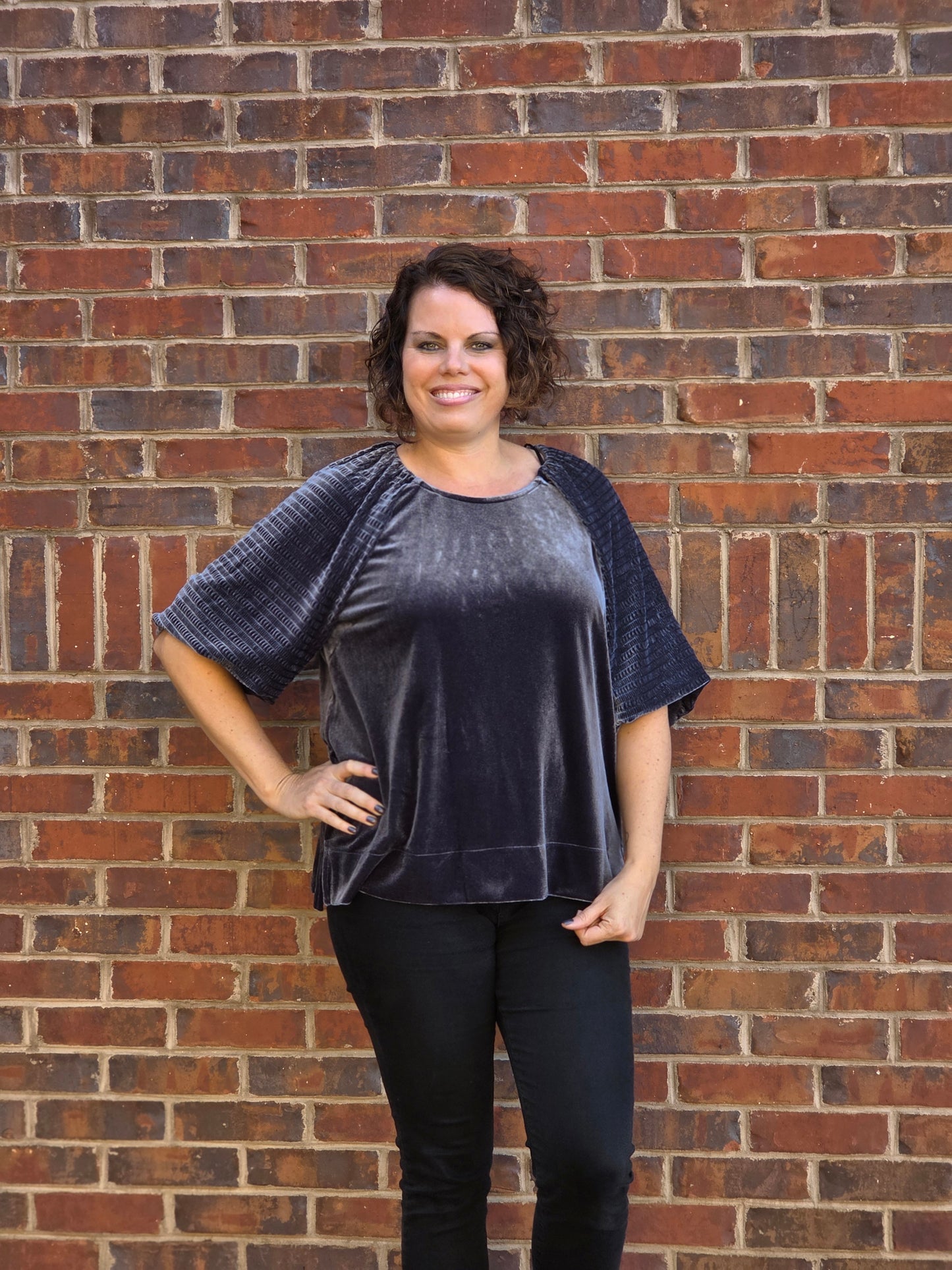 Textured Wide Sleeved Velvet Top in Ash Blue