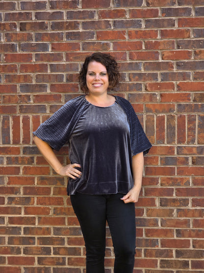 Textured Wide Sleeved Velvet Top in Ash Blue