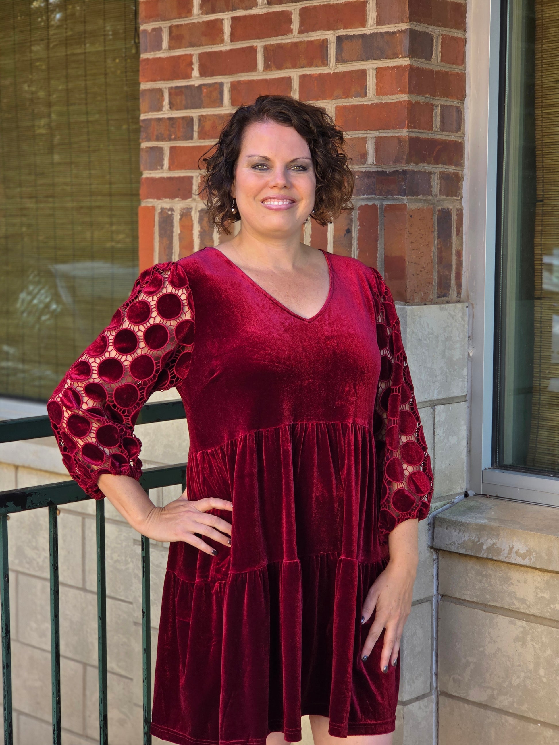 Tiered Velvet Mini Dress in Wine S Tiered Velvet Mini Dress in Wine S