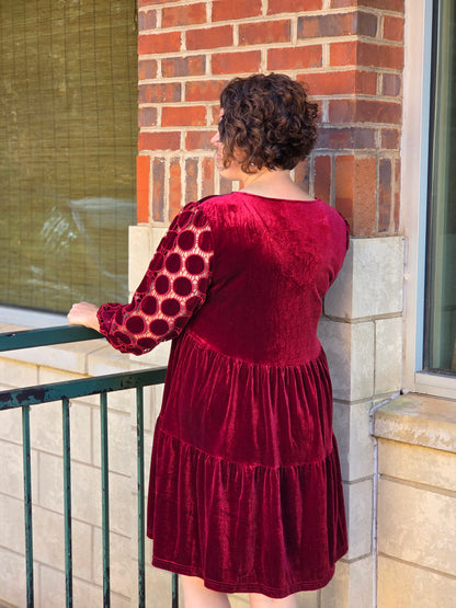 Tiered Velvet Mini Dress in Wine