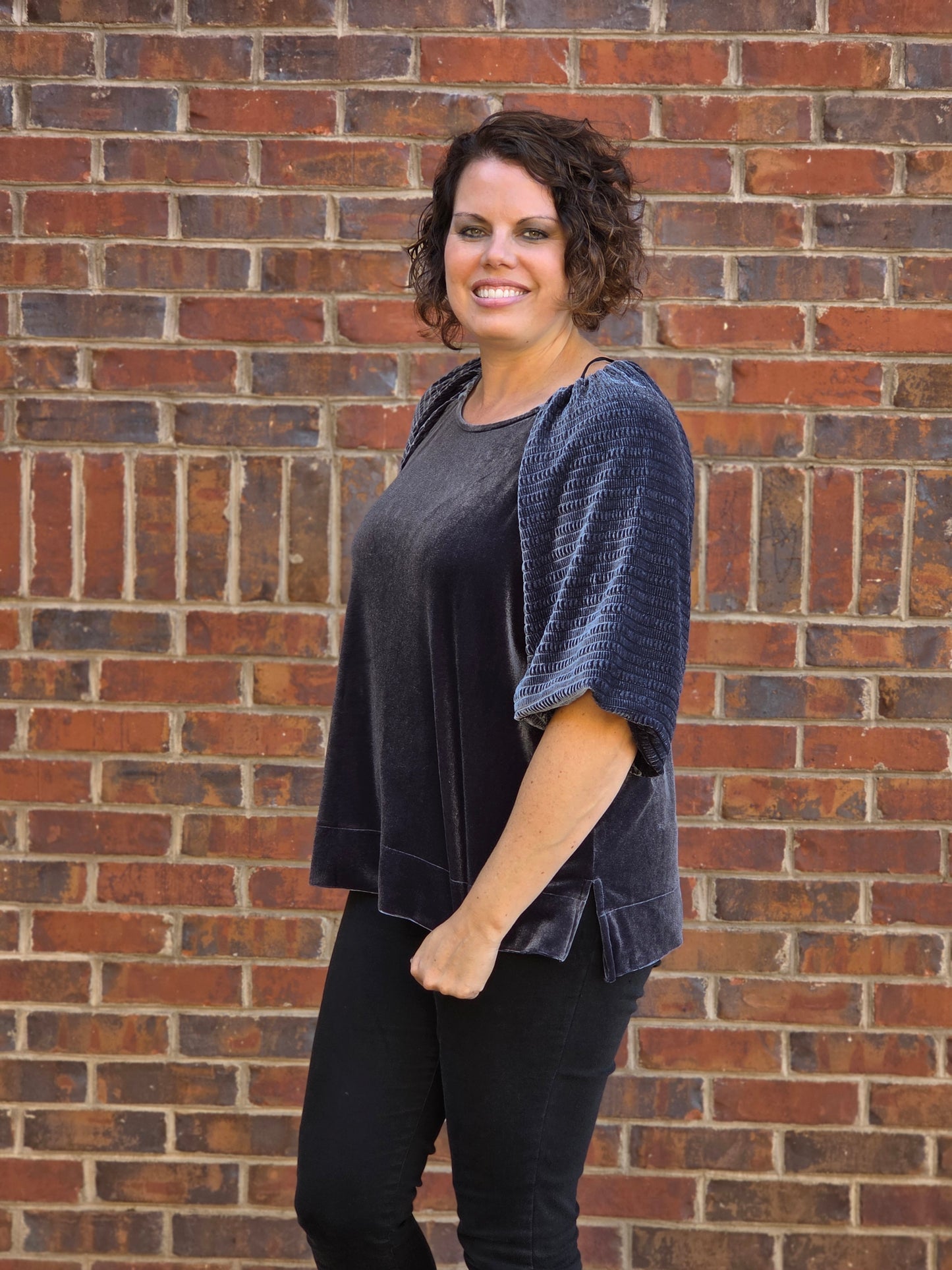 Textured Wide Sleeved Velvet Top in Ash Blue