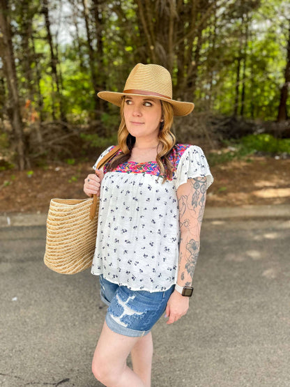 Geometric Floral Embroidered Top in Ivory