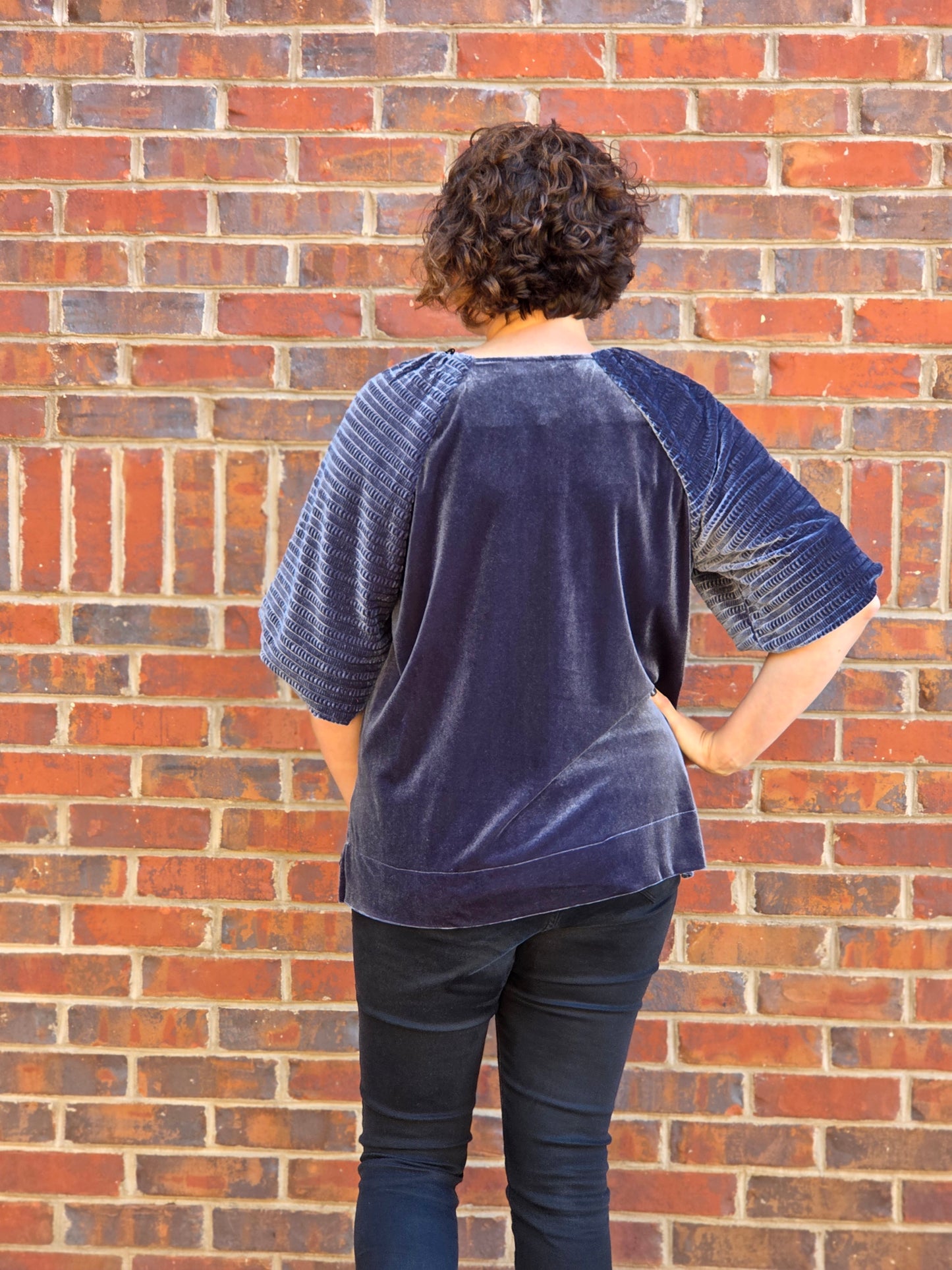 Textured Wide Sleeved Velvet Top in Ash Blue