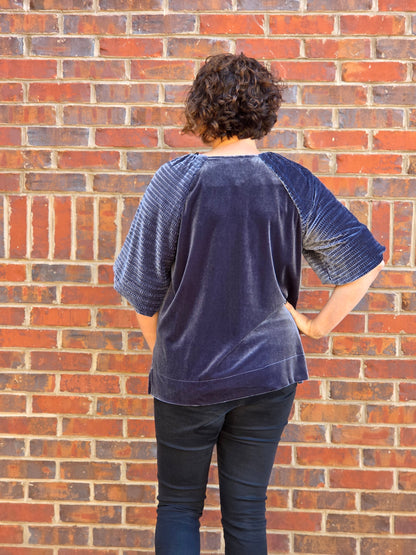 Textured Wide Sleeved Velvet Top in Ash Blue