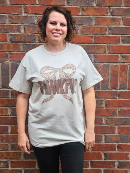 Thankful Cheetah Bow Short Sleeve T-Shirt in Tan