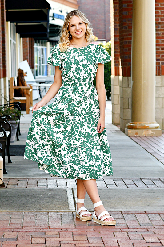 Floral Print Cut-Out Midi Dress in Green