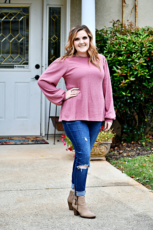 Puff Sleeved Waffle Knit Top in Mauve
