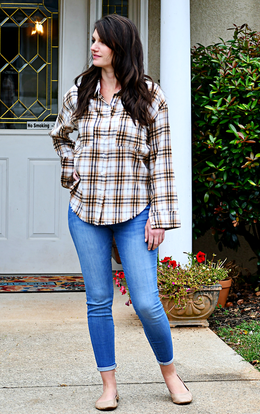 Plaid Button Down Raw Hem Shirt in Taupe