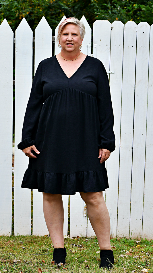 Long Puff Sleeve Babydoll Mini Dress in Black