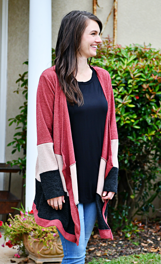 Ribbed Colorblock Open Cardigan in Mauve
