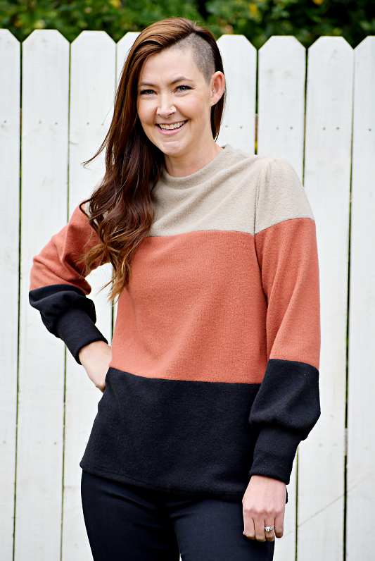 Long Puff Sleeve Color Block Ribbed Top in Taupe/Rust/Black
