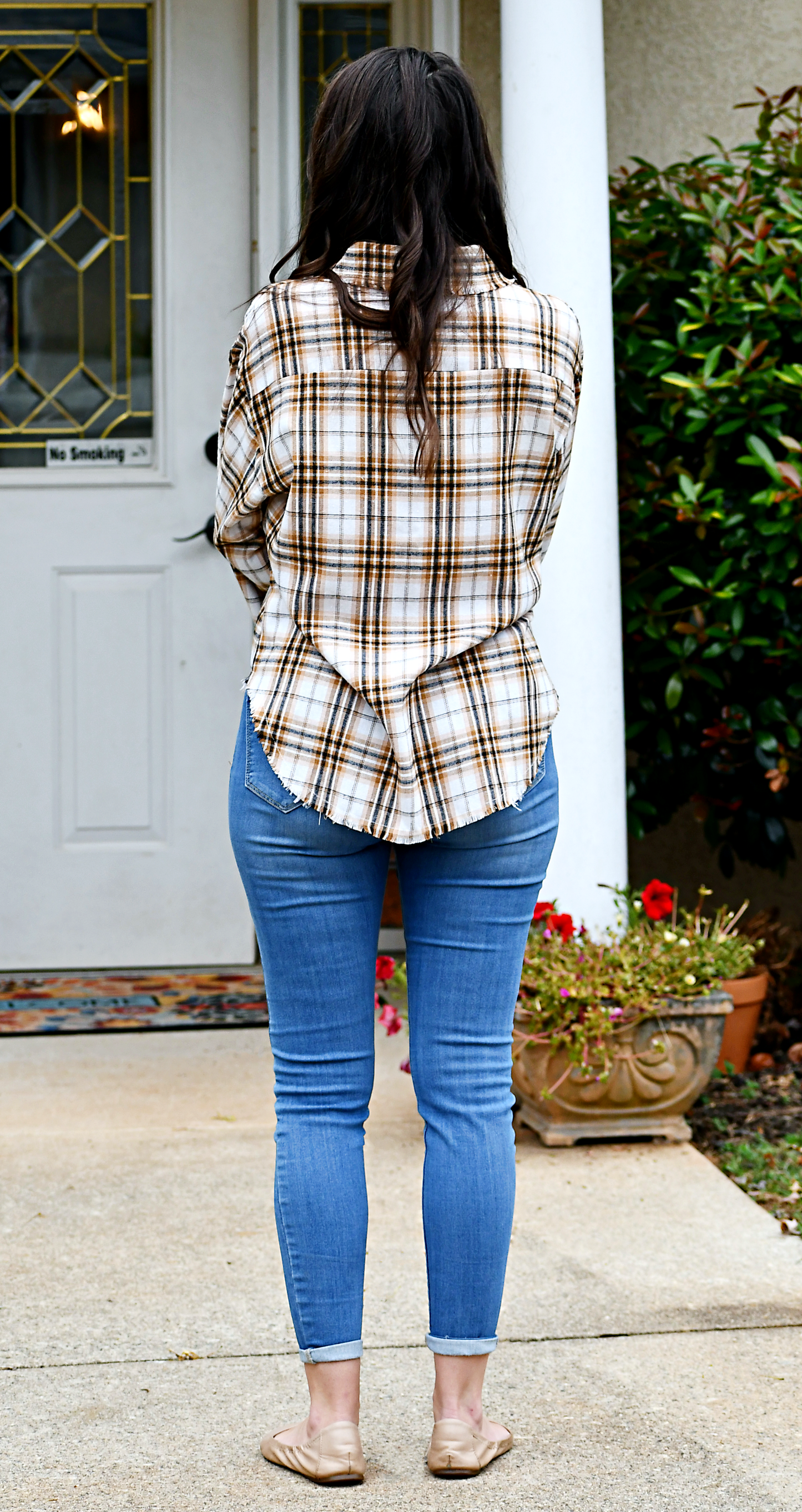 Plaid Button Down Raw Hem Shirt in Taupe