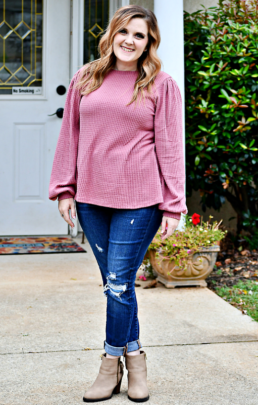 Puff Sleeved Waffle Knit Top in Mauve