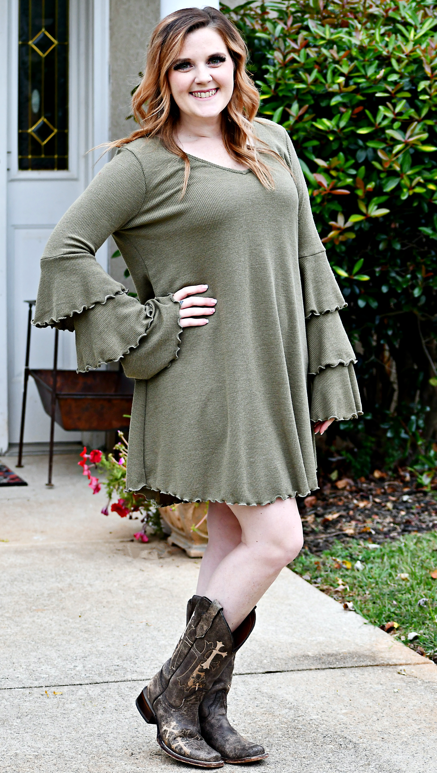 Tiered Ruffle Sleeved Waffle Knit Dress in Olive