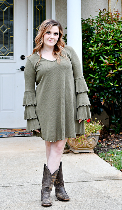 Tiered Ruffle Sleeved Waffle Knit Dress in Olive