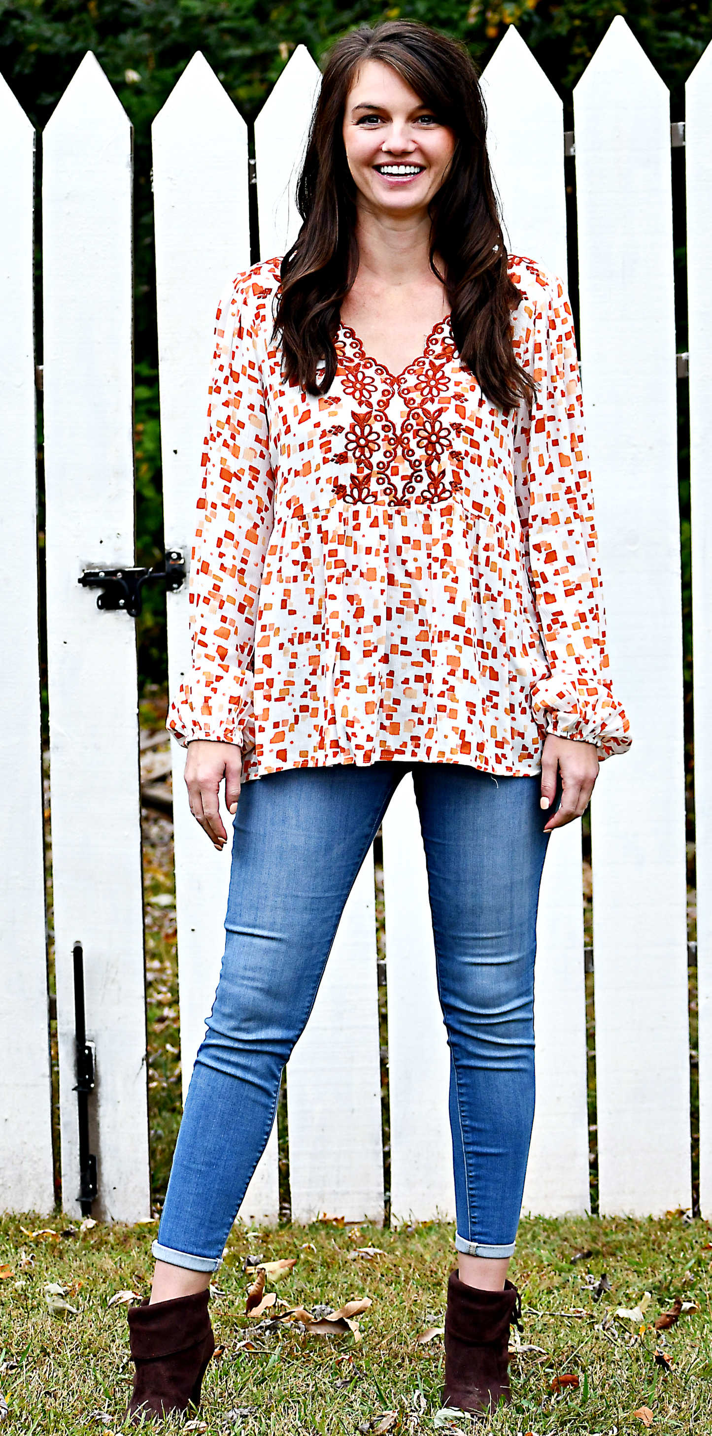 Floral Embroidery Detail Top in Rust