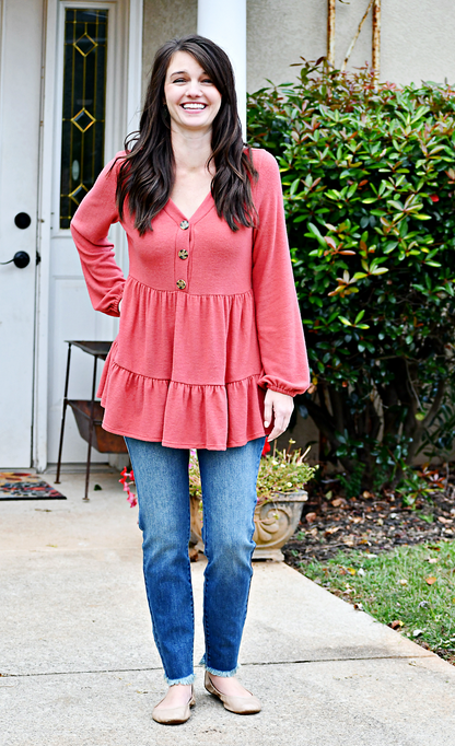 Long Sleeve Faux Button Empire Top in Marsala