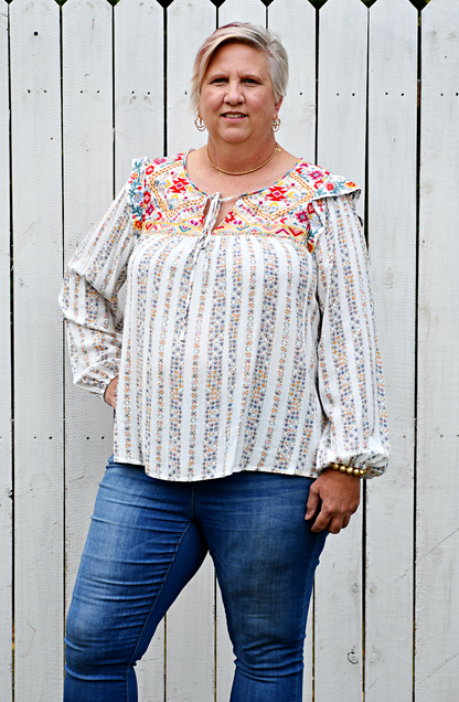 Aztec Embroidery Top in Ivory