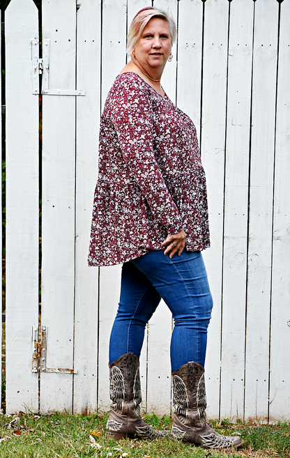 Long Sleeve Tiered Floral Top in Burgundy