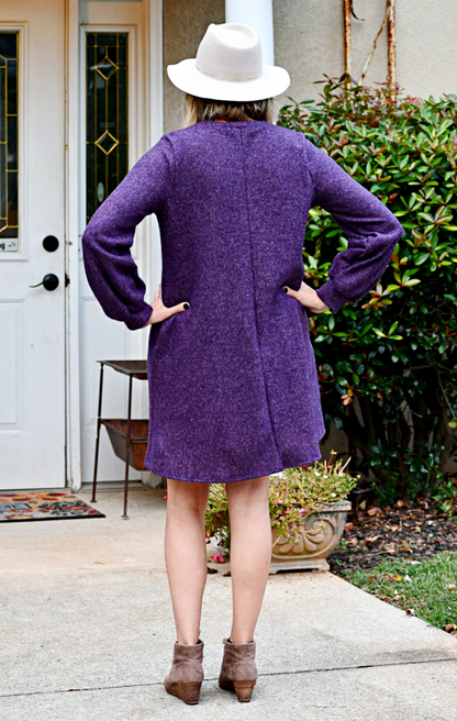 Long Puff Sleeve Macaron Brushed Mini Dress in Purple