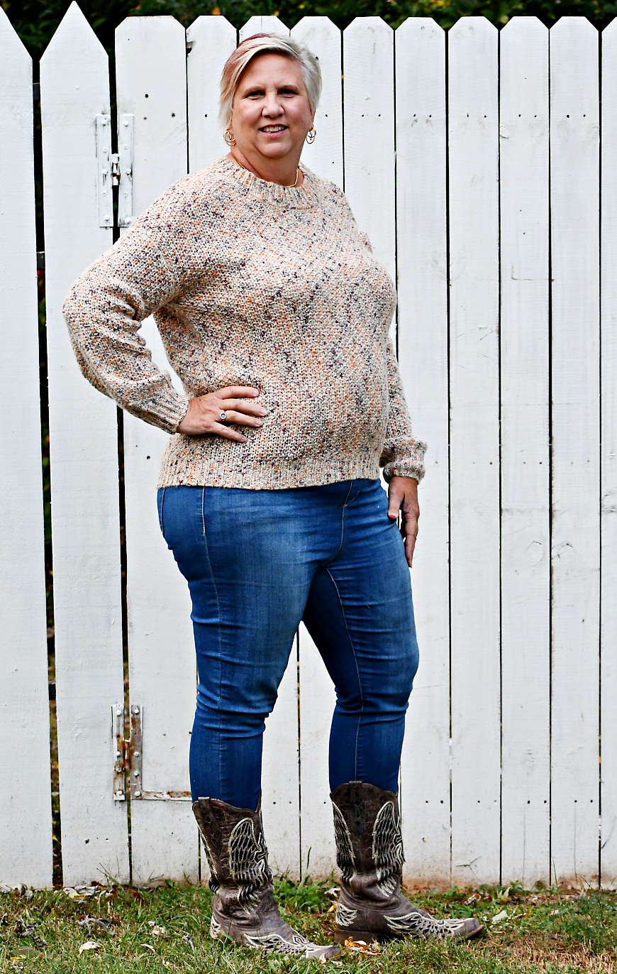 Crew Neck Knit Sweater in Taupe and Orange