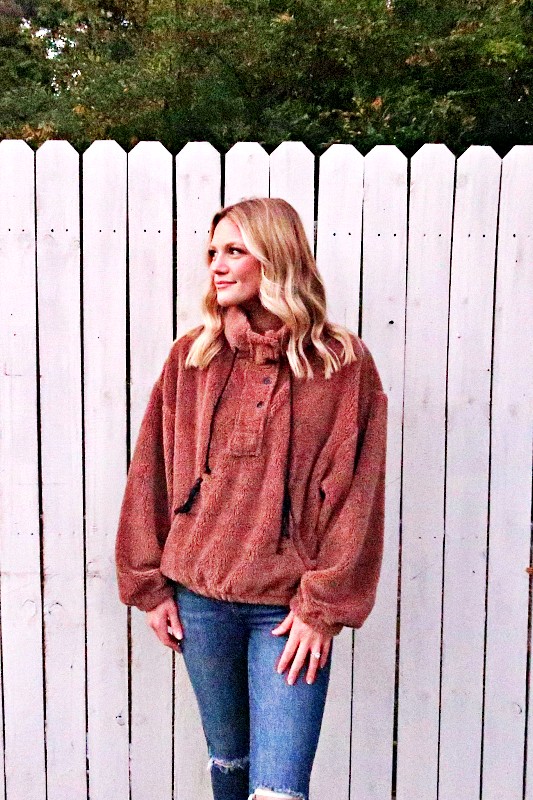 Faux Fur Long Sleeve Button Down Top in Taupe