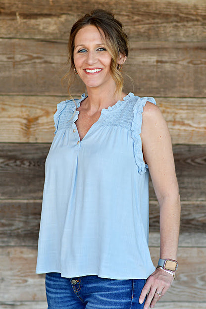 Smock Yoke Split Neck Sleeveless Top in Chambray